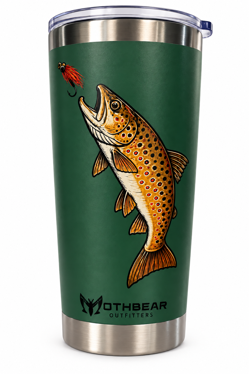20oz Travel Mug with "Mothbear Outfitters Brown Trout" Logo