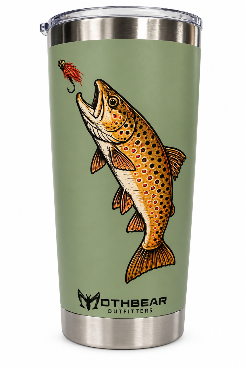 20oz Travel Mug with "Mothbear Outfitters Brown Trout" Logo