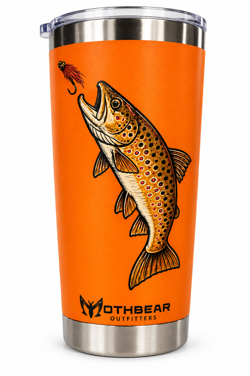 20oz Travel Mug with "Mothbear Outfitters Brown Trout" Logo