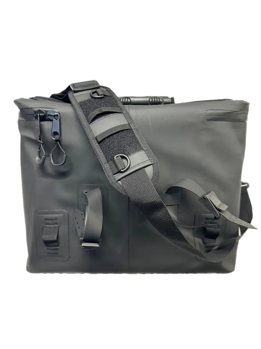 Rod tube straps: Back view of The Black Series Boat Bag showing rear straps for securing rod tubes.