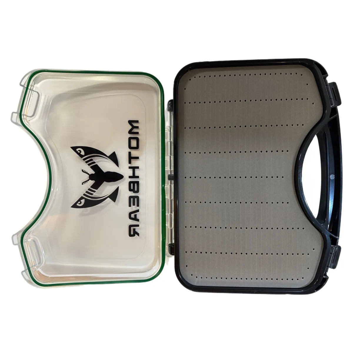 MothBear large fly box, double sided boat box, heavy duty fly box, waterproof streamer box, clear fly box, saltwater fly storage, ice fishing jig box, large capacity fly box, tough ABS plastic fly box, easy carry handle fly box.