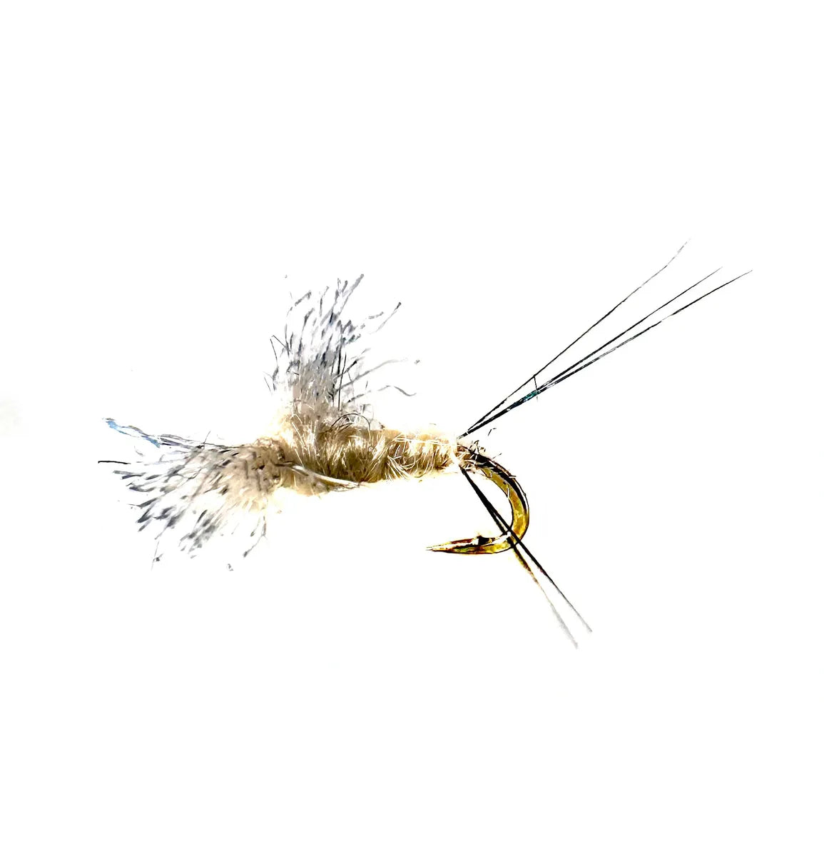 A close-up photograph showing the Sulphur Spinner Dry Fly in sizes #16 and #18. The flies feature a pale yellow/cream body, clear or white splayed wings, and fine hackle tips, tied on barbed hooks for an evening mayfly spinner fall imitation.