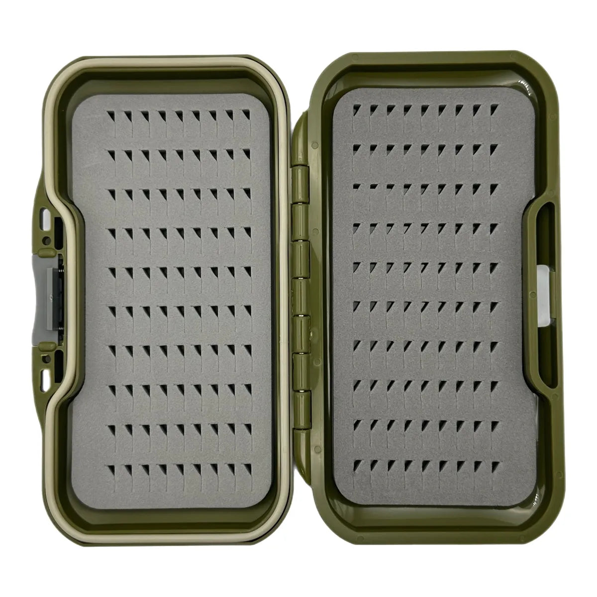 MothBear fly wallet box, slim waterproof fly box, green fly box, push button fly box, waterproof fly case, fly storage wallet, portable fly box, fly fishing gear, foam fly storage.