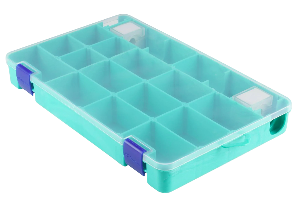 Turquoise plastic organizer with purple clips on a white background
