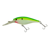 Fishing lure with a green body and pink mouth on a white background
