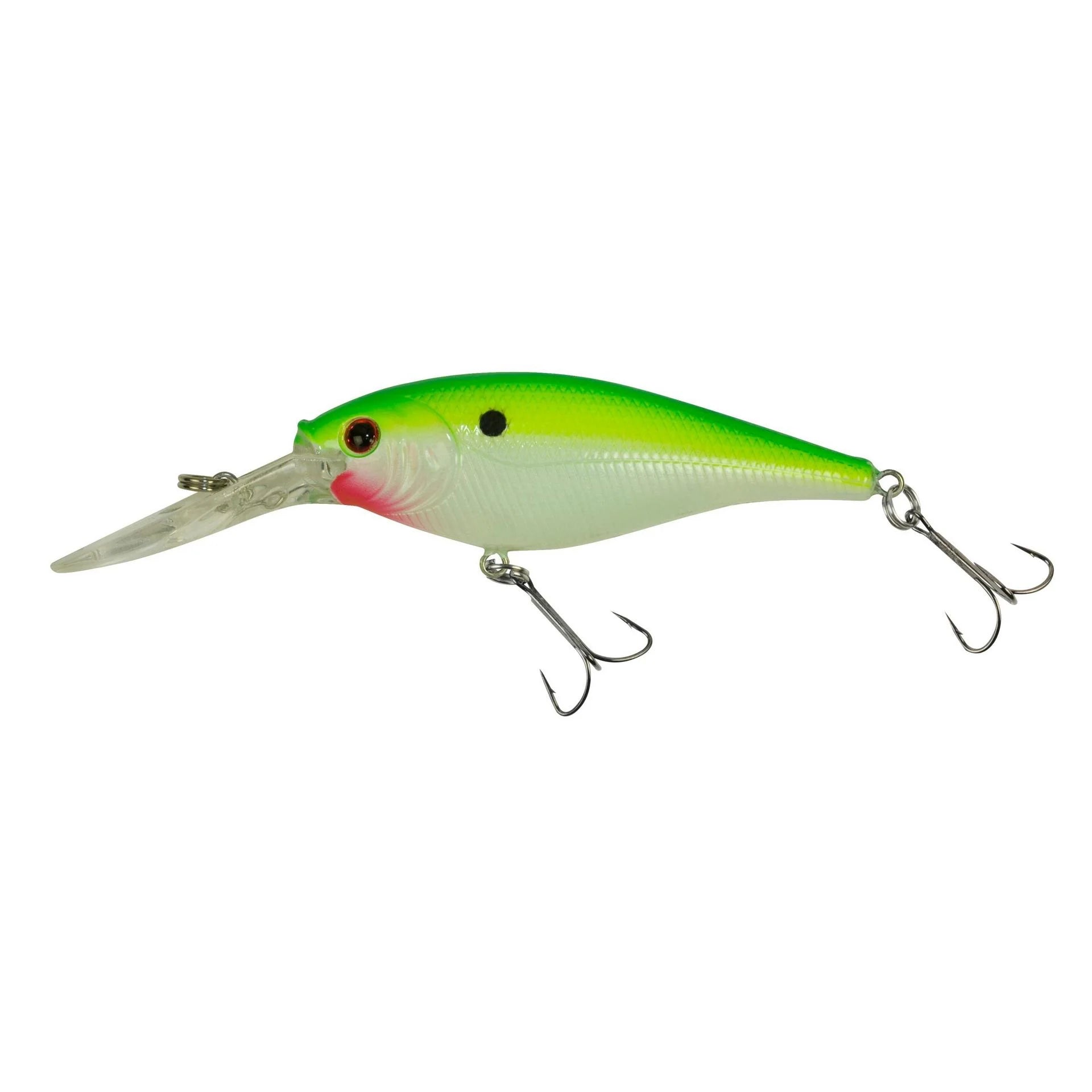 Fishing lure with a green body and pink mouth on a white background