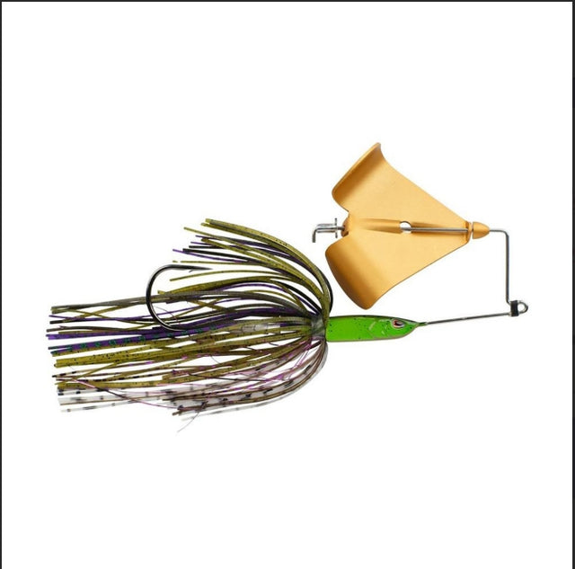 Fishing lure with a yellow skirt and green and purple skirt on a white background
