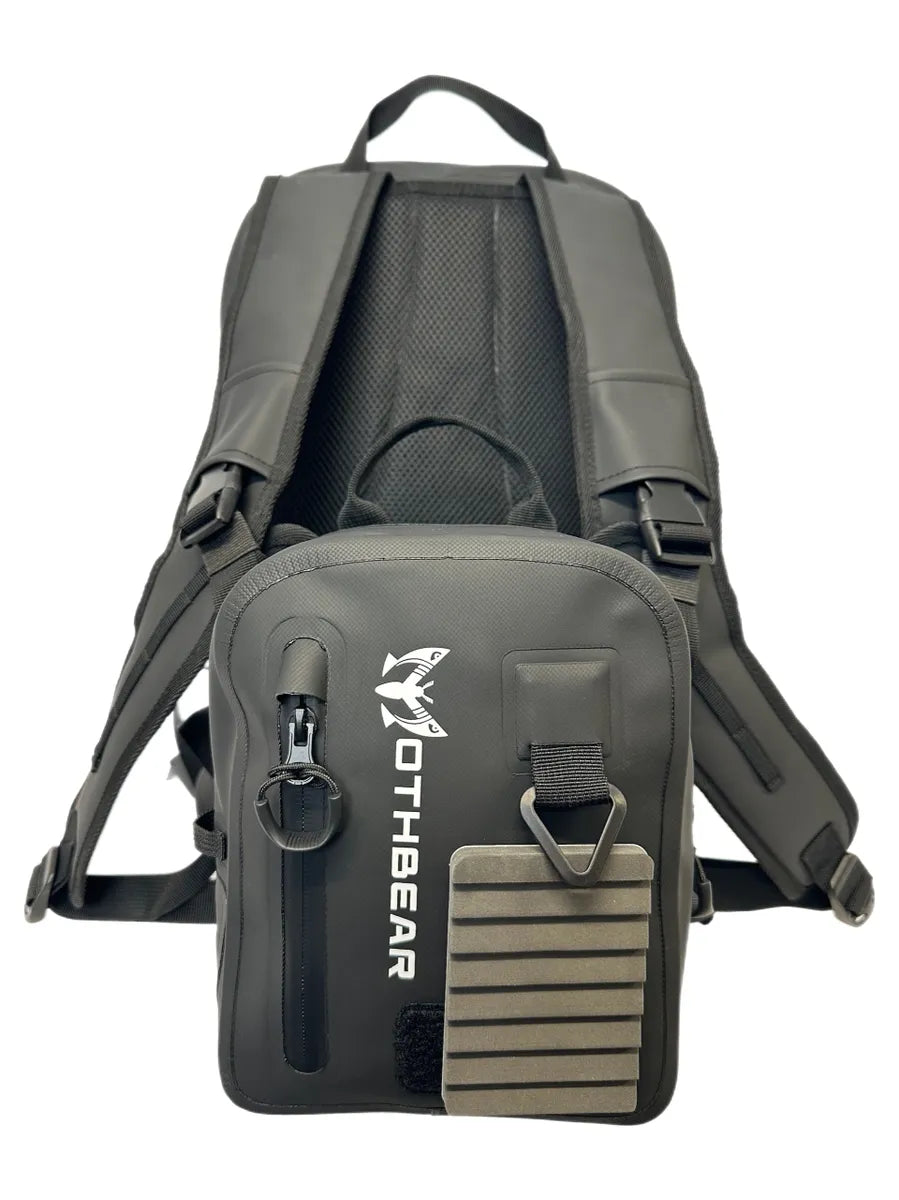 Waterproof fishing backpack, chest pack combo, Black Series fishing gear, 27L backpack, 4L chest pack, versatile tackle storage, durable TPU pack, rod tube straps, fly fishing pack, waterproof combo pack.