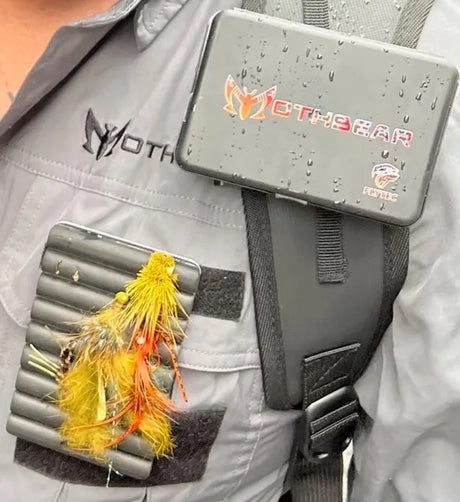 MothBear Bum Box Chubby, magnetic fly box, fly fishing gear system, hands-free fly box, neodymium magnet fishing gear, fly storage clip, water resistant fly box, innovative fishing gear, quick access fly box.