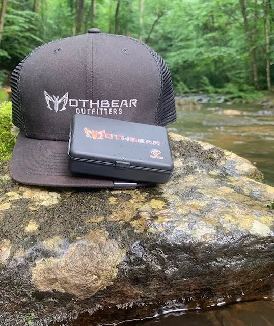 MothBear Bum Box Chubby, magnetic fly box, fly fishing gear system, hands-free fly box, neodymium magnet fishing gear, fly storage clip, water resistant fly box, innovative fishing gear, quick access fly box.