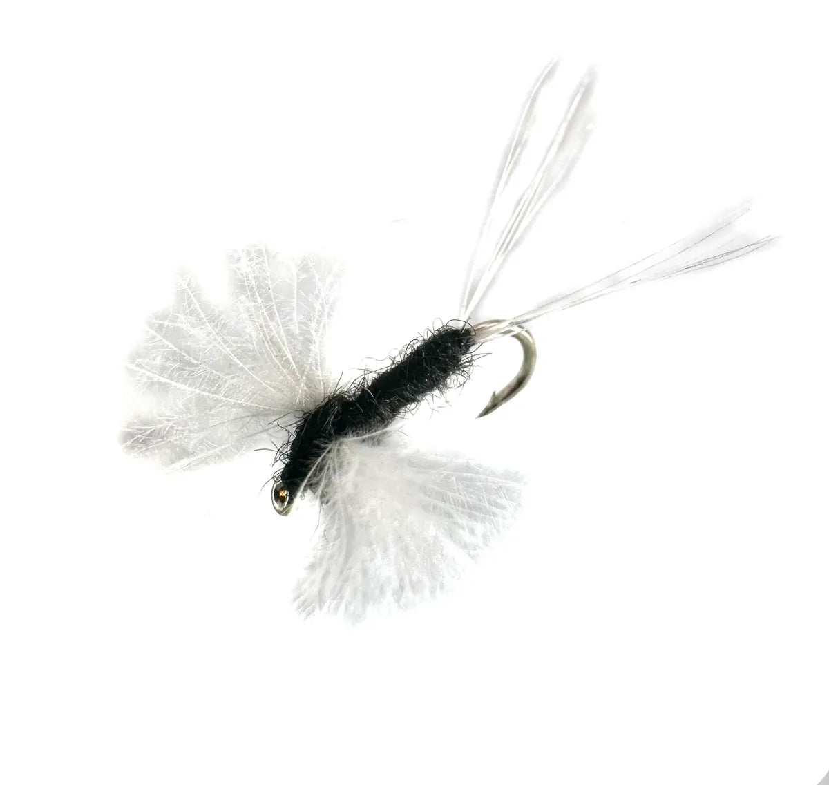 A close-up photograph showing a CDC Black Spinner Dry Fly in sizes #14, #16, and #18. The flies feature black bodies and realistic, translucent CDC feather wings splayed flat to imitate a spent, dead insect in the surface film.
