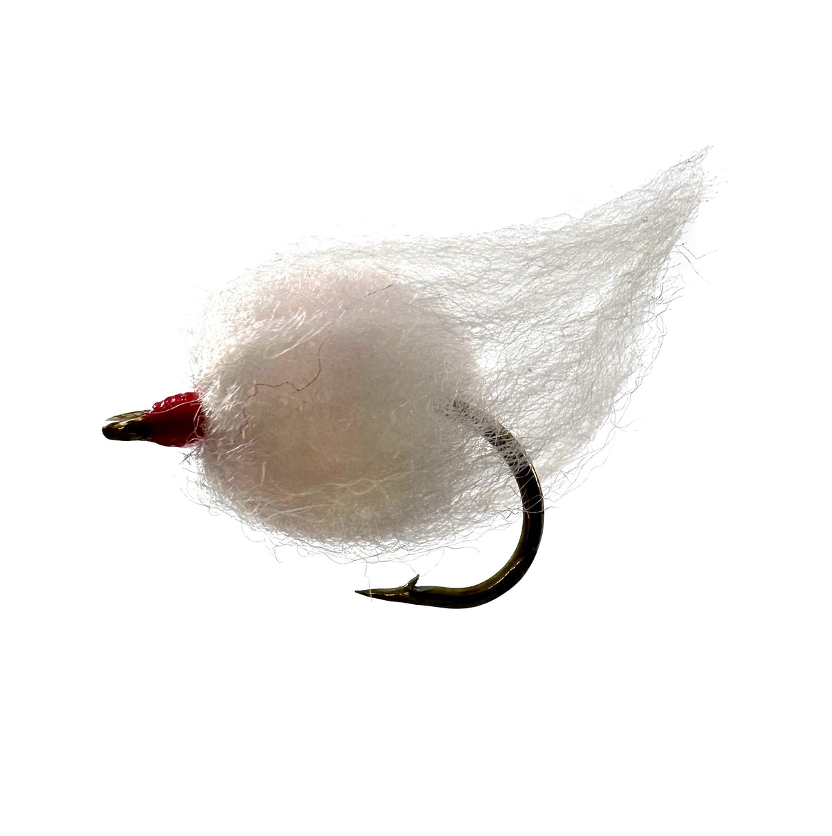 White Nuke Egg fly fishing lure, size 6, effective for clear water conditions, barbed hook.