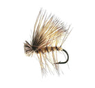 A close-up photograph showing the Elk Hair Caddis Dry Fly in sizes #12, #14, #16, and #18. The flies feature a natural brown body and a durable, high-floating bleached elk hair wing, ideal for caddis hatches and fast water.