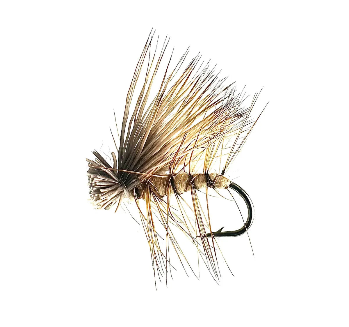 A close-up photograph showing the Elk Hair Caddis Dry Fly in sizes #12, #14, #16, and #18. The flies feature a natural brown body and a durable, high-floating bleached elk hair wing, ideal for caddis hatches and fast water.