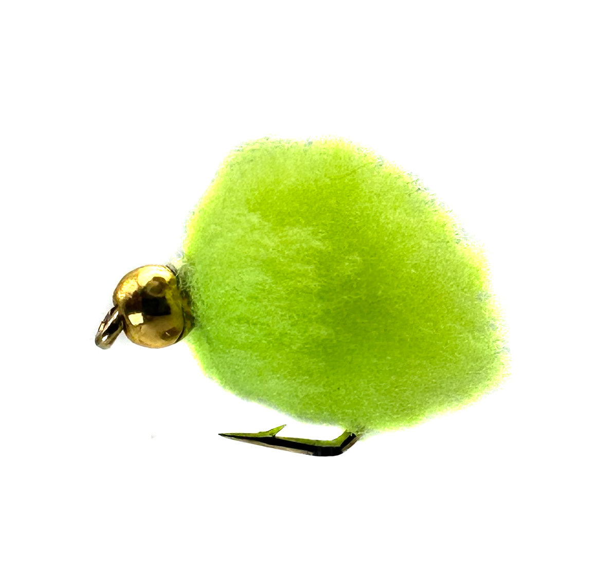 Green Eggstasy fly fishing lure, size 12 barbed hook, with bead head.