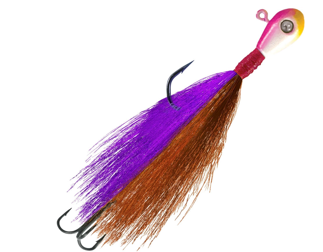 Fishing lure with purple and brown body on a white background