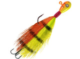 Fishing lure with orange, yellow, and black colors on a white background