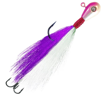 Fishing lure with purple and white body and pink top on a white background