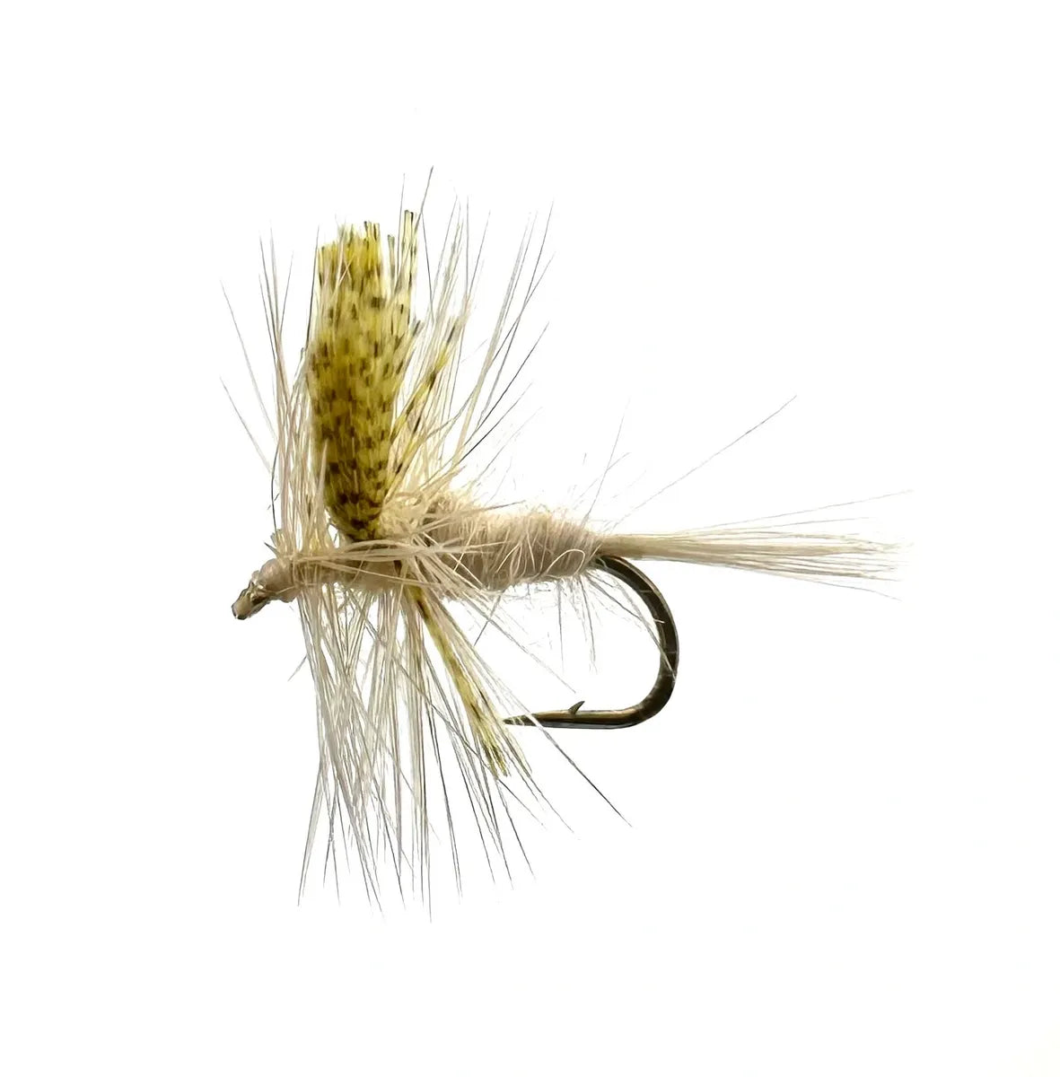 A close-up photograph of the traditional Catskill-style Light Cahill Dry Fly in sizes #14 and #16, showing the pale cream body, wood duck flank wings, and cream hackle. This fly is a classic mayfly imitation for trout fishing.