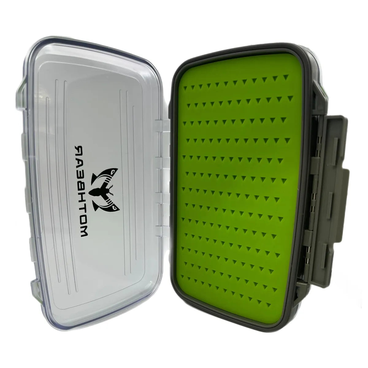 MothBear double-sided silicone fly box, waterproof fly box, silicone fly storage, transparent fly box, double capacity fly box, fly fishing gear storage, durable fly box, fly storage box.