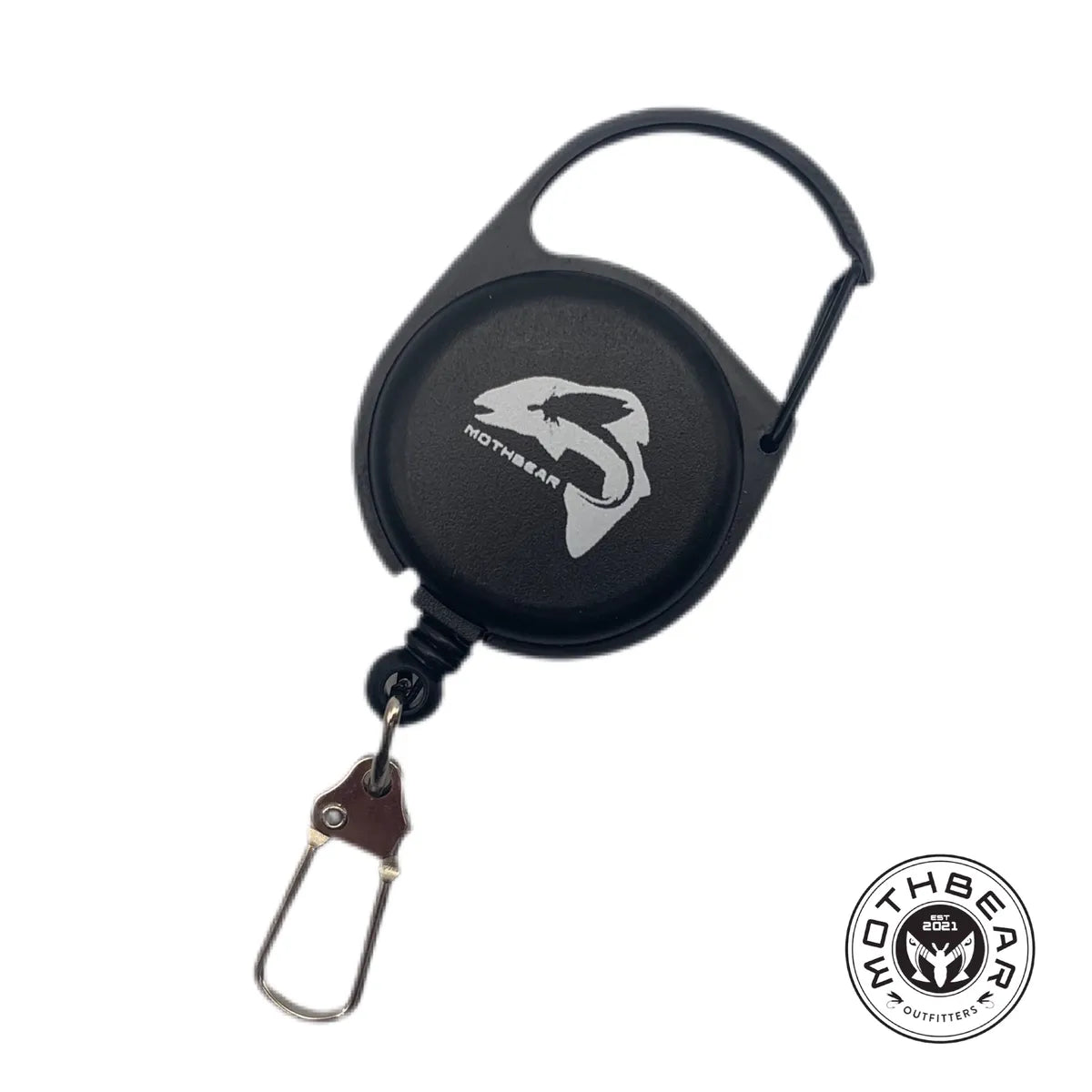 MothBear retractable fishing tool, fishing zinger, fishing gear retractor, metal body retractor, nylon cord retractor, fly fishing accessories, fishing tool tether, secure gear fishing.