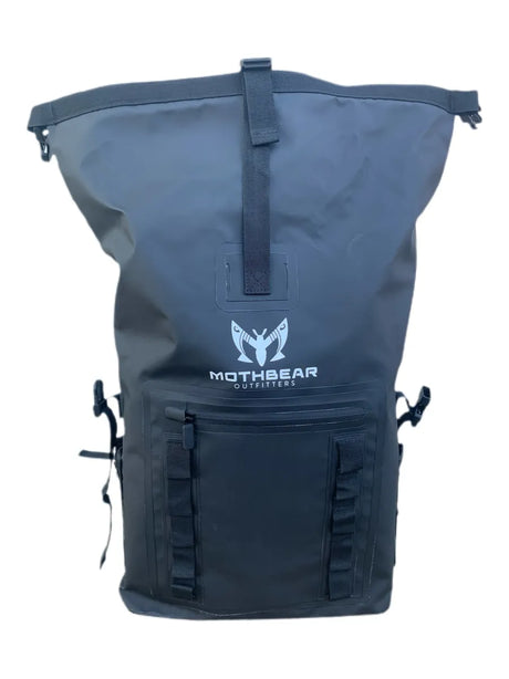 Main image (front view): MothBear Trout Trip 30L roll top waterproof fishing backpack in gray/black.
