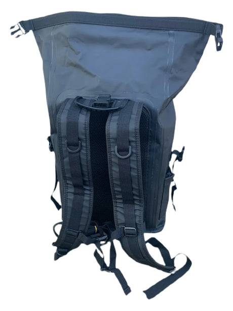 Image showing the back: Back view of the MothBear 30L waterproof backpack highlighting the comfortable airflow back pad and sternum strap.