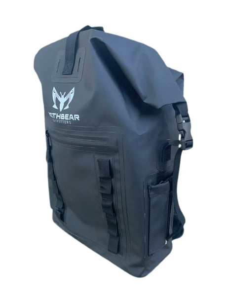 Main image (front view): MothBear Trout Trip 30L roll top waterproof fishing backpack in gray/black.