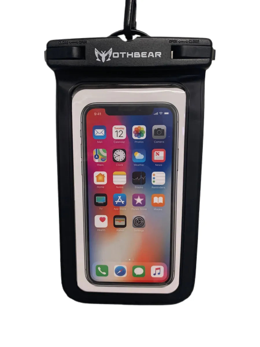 MothBear waterproof phone pouch, waterproof phone case, floating phone case, phone leash, waterproof phone holder, fishing phone case, boating phone case, hiking phone case, underwater phone case, adventure phone protection, dry bag phone case.