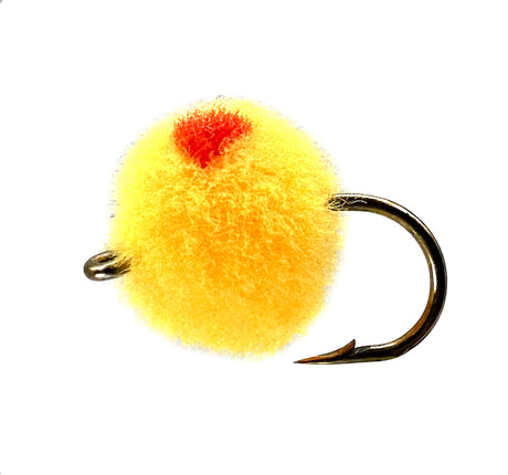 Orange egg fly fishing lure, attractor pattern for salmon and trout, barbed hook.