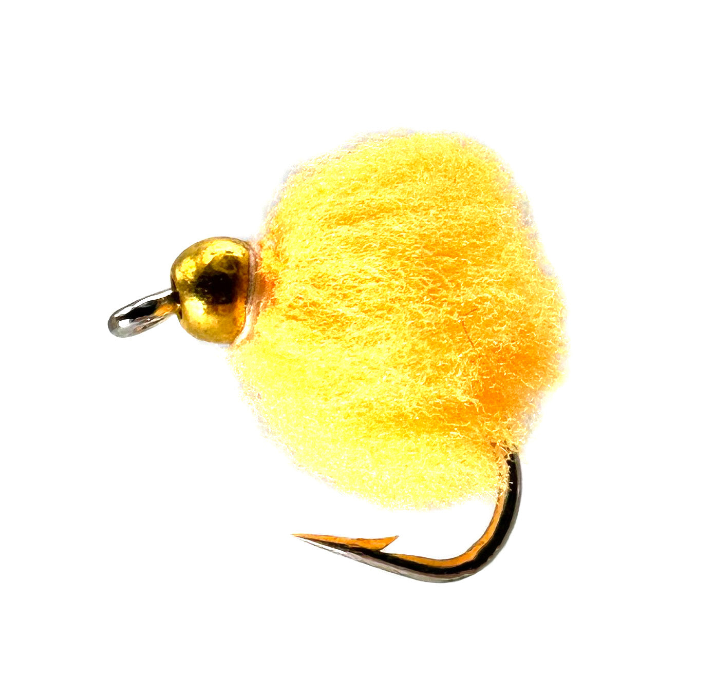 Orange Eggstasy fly fishing lure, size 12 barbed hook, with bead head for weight.