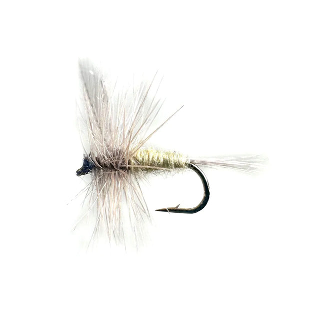 Pale Morning Dun (PMD) dry fly in sizes #14, #16, and #18. This essential pattern provides a realistic presentation for selective trout during major PMD hatches throughout the summer.