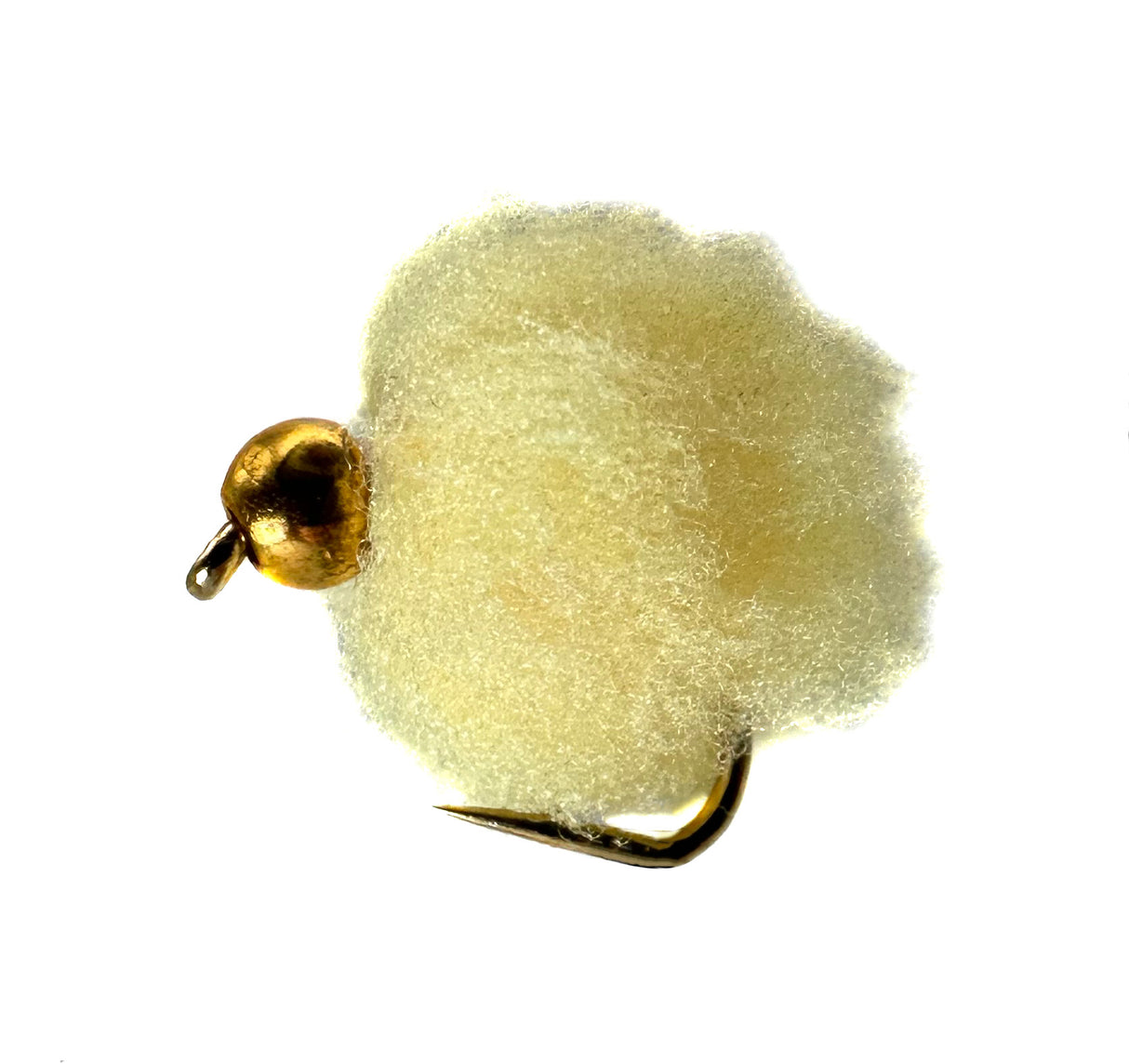 Peach colored Eggstasy fly fishing lure, size 12 barbed hook, with bead head.