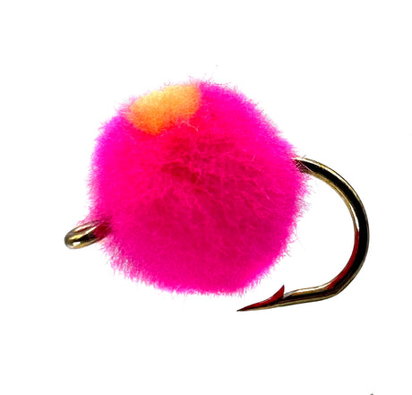 Pink egg fly fishing lure, available in sizes #6, #8, #10, #12, tied on a barbed hook.