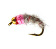 Pink Squirrel fly fishing lure, size 6 barbed hook, weighted bead head, buggy nymph pattern with a pink flash collar.