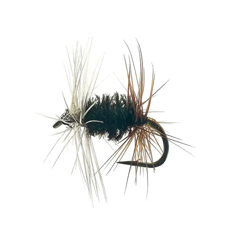 A close-up photograph of three Renegade Dry Flies displayed together in sizes #10, #14, and #18. The flies feature white calf tail wings, dark hackle, peacock herl bodies, and silver ribbing, tied for an attractor presentation in fast water.