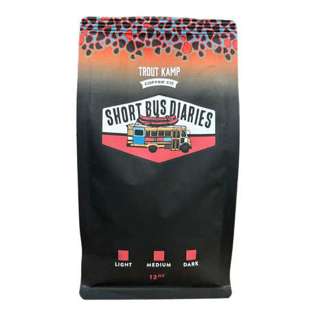 Short Bus Diaries coffee, Trout Kamp Coffee Co., TKC coffee, premium medium roast coffee, organic Arabica beans, small batch coffee, fishing lifestyle coffee, Alpena Michigan roaster, specialty coffee blend, raspberry finish coffee.