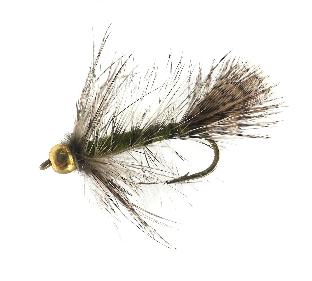 Olive Sparrow Nymph fly fishing lure, size 8, bead head, barbed hook, versatile pattern for imitating nymphs and baitfish.
