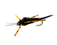 Wiggle Stone Nymph fly fishing lure, black/brown color, size 6, weighted bead head and rubber legs on a barbed hook.