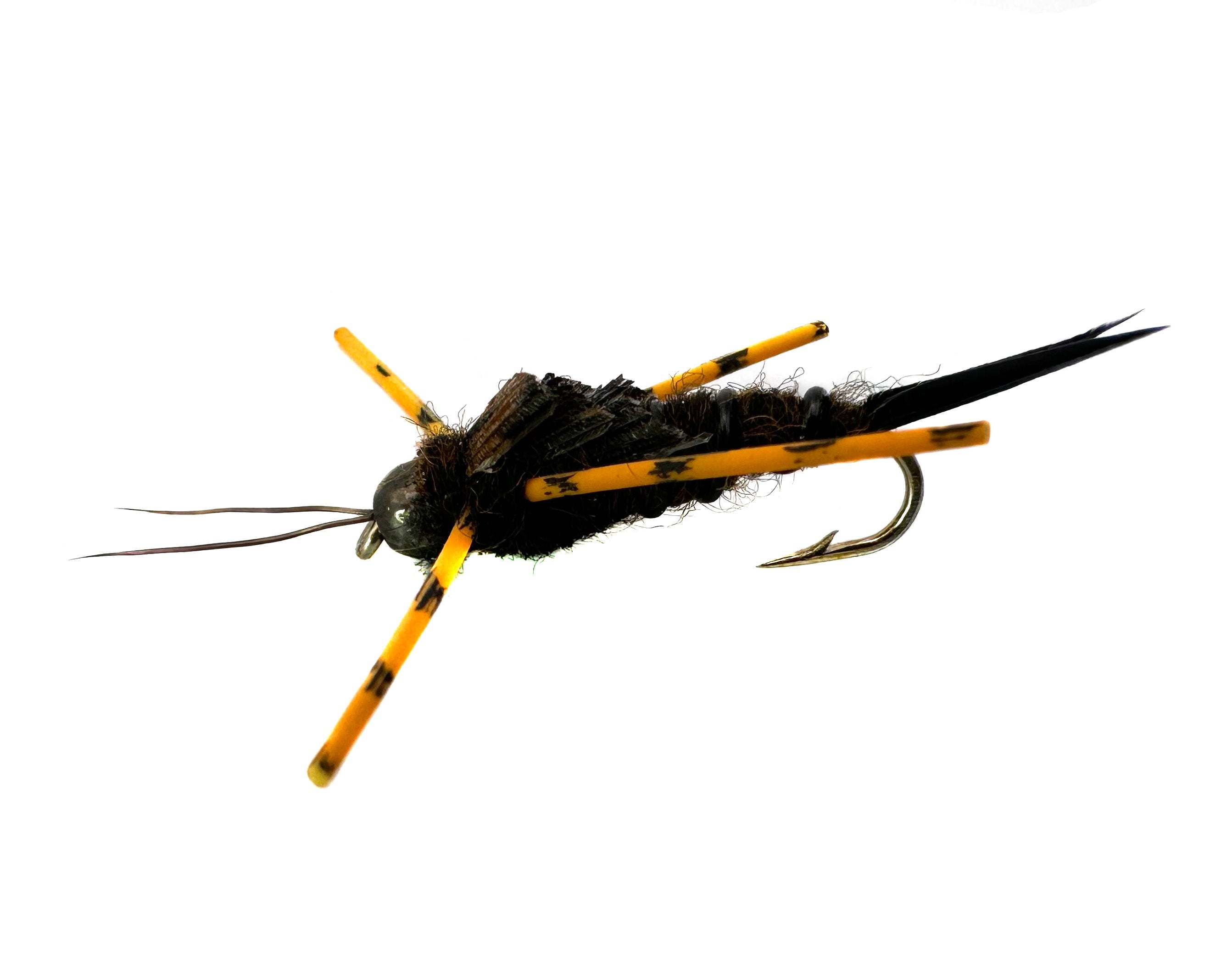 Wiggle Stone Nymph fly fishing lure, black/brown color, size 6, weighted bead head and rubber legs on a barbed hook.