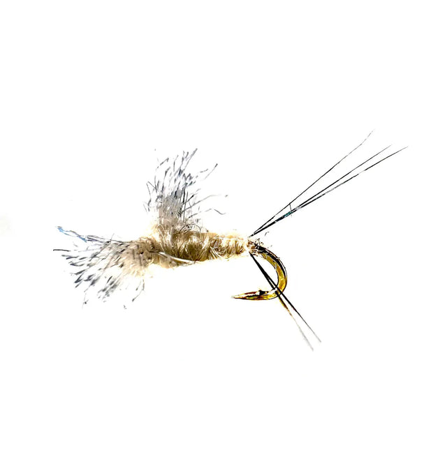 A close-up photograph showing the Sulphur Spinner Dry Fly in sizes #16 and #18. The flies feature a pale yellow/cream body, clear or white splayed wings, and fine hackle tips, tied on barbed hooks for an evening mayfly spinner fall imitation.
