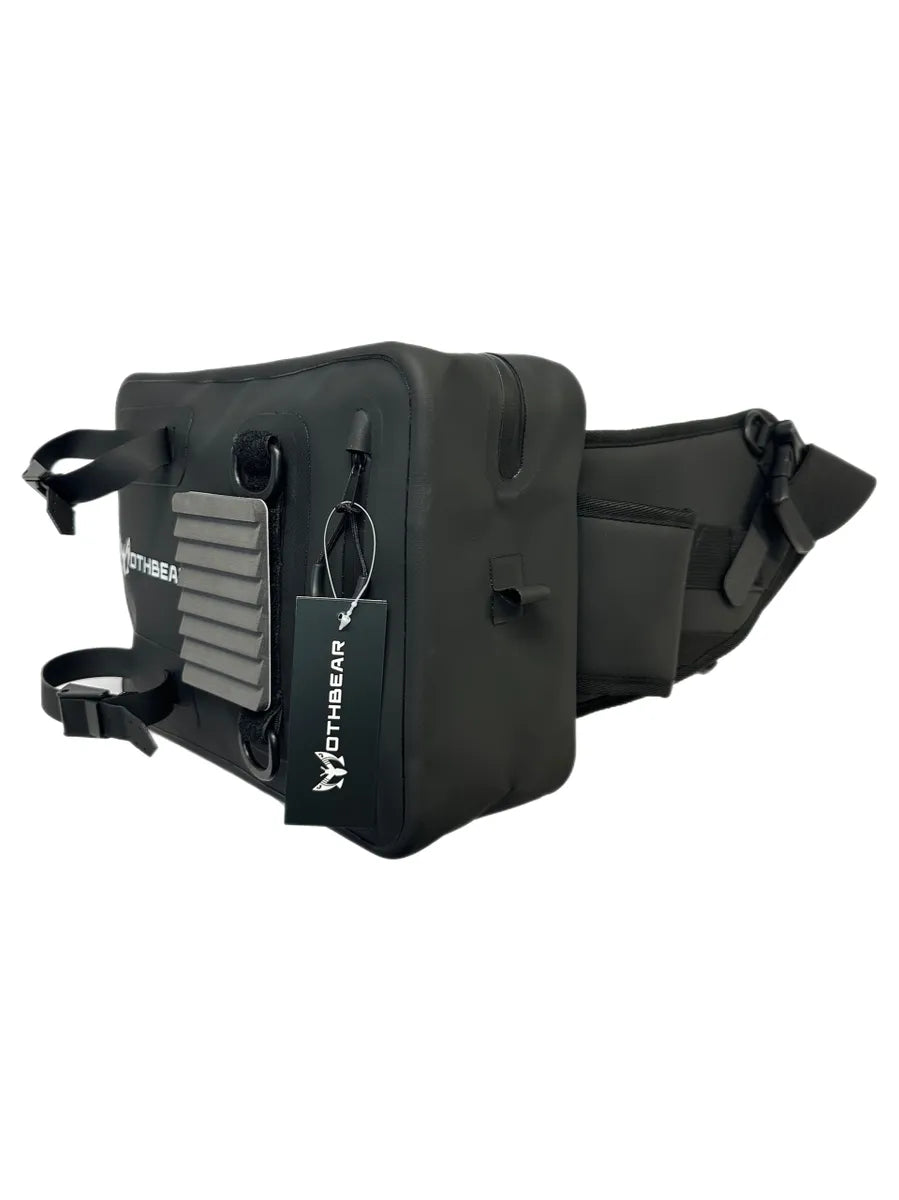 Waterproof lumbar pack, fishing sling pack, Black Series fishing gear, 6.75L fishing bag, waterproof hip pack, fly fishing pack, side sling bag, durable TPU pack, rod holder fishing bag, net loop attachment.