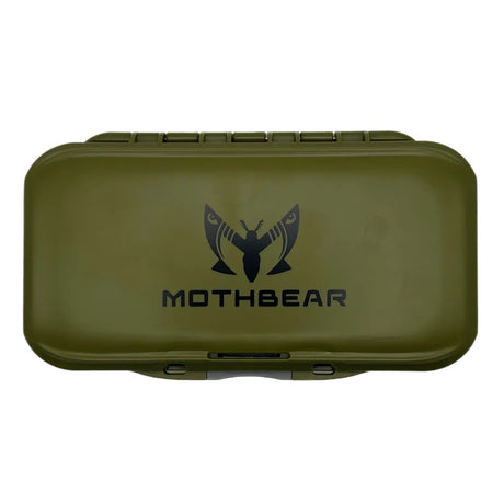 MothBear fly wallet box, slim waterproof fly box, green fly box, push button fly box, waterproof fly case, fly storage wallet, portable fly box, fly fishing gear, foam fly storage.