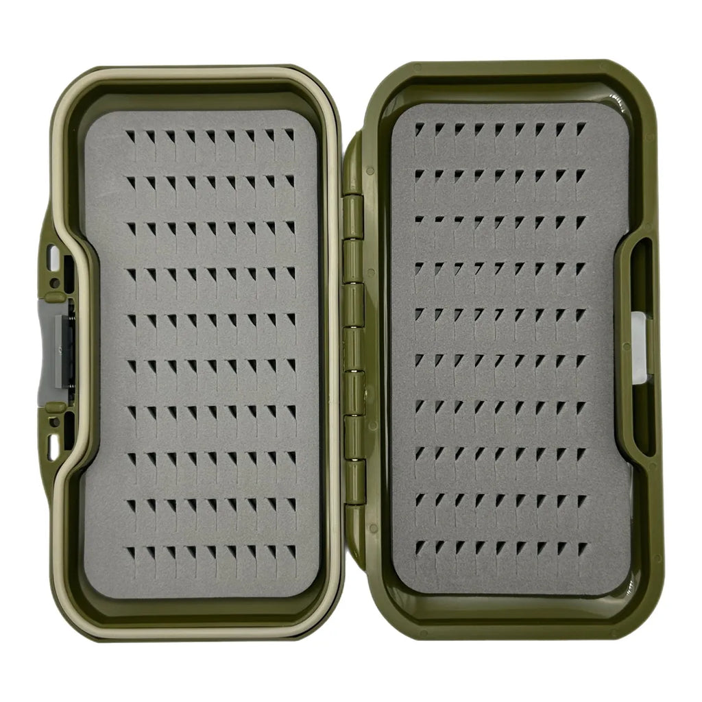 MothBear fly wallet box, slim waterproof fly box, green fly box, push button fly box, waterproof fly case, fly storage wallet, portable fly box, fly fishing gear, foam fly storage.