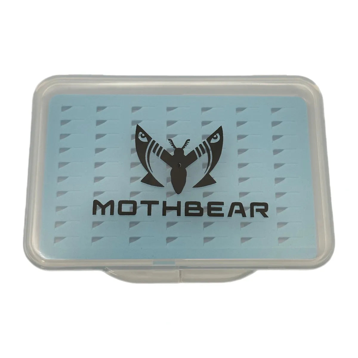 Skinny Budget Box fly box, slim fly box, pocket fly box, transparent fly box, blue foam fly box, minimalist fly fishing gear, affordable fly box, small fly storage, ultra-thin fly box, MothBear fly box.