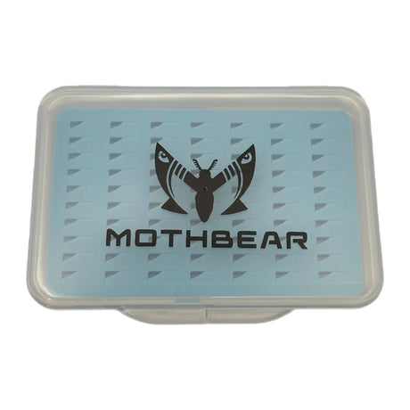 Skinny Budget Box fly box, slim fly box, pocket fly box, transparent fly box, blue foam fly box, minimalist fly fishing gear, affordable fly box, small fly storage, ultra-thin fly box, MothBear fly box.