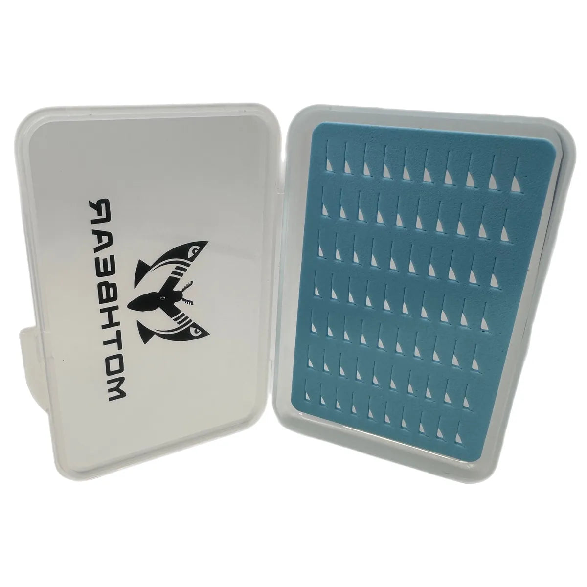 Skinny Budget Box fly box, slim fly box, pocket fly box, transparent fly box, blue foam fly box, minimalist fly fishing gear, affordable fly box, small fly storage, ultra-thin fly box, MothBear fly box.