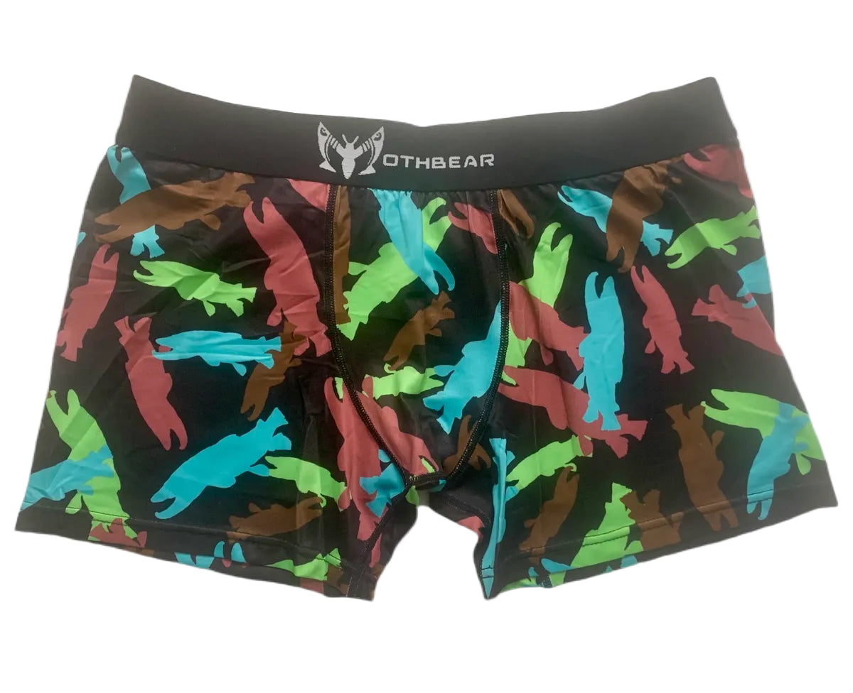 Colorful boxer briefs with animal pattern on a black background