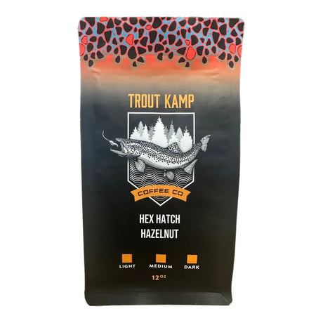 Irish cream hazelnut coffee, flavored organic coffee, 100% Arabica beans, medium roast flavored coffee, small batch coffee, Trout Kamp Coffee Co., TKC coffee, Alpena Michigan coffee, ground coffee, whole bean coffee, gourmet flavored coffee, fishing trip coffee.