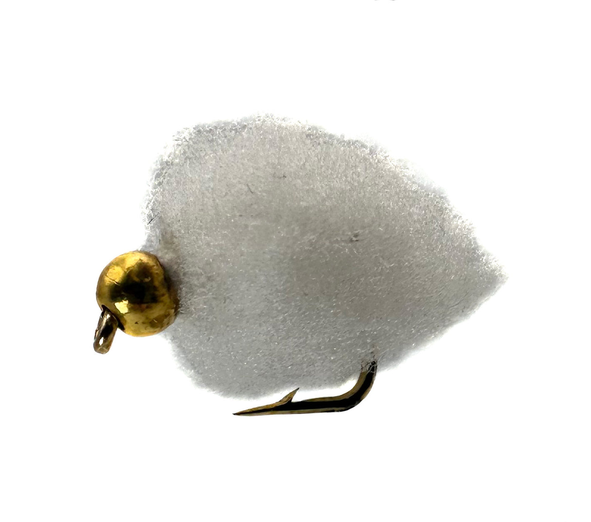 White Eggstasy fly fishing lure, size 12 barbed hook, with bead head.